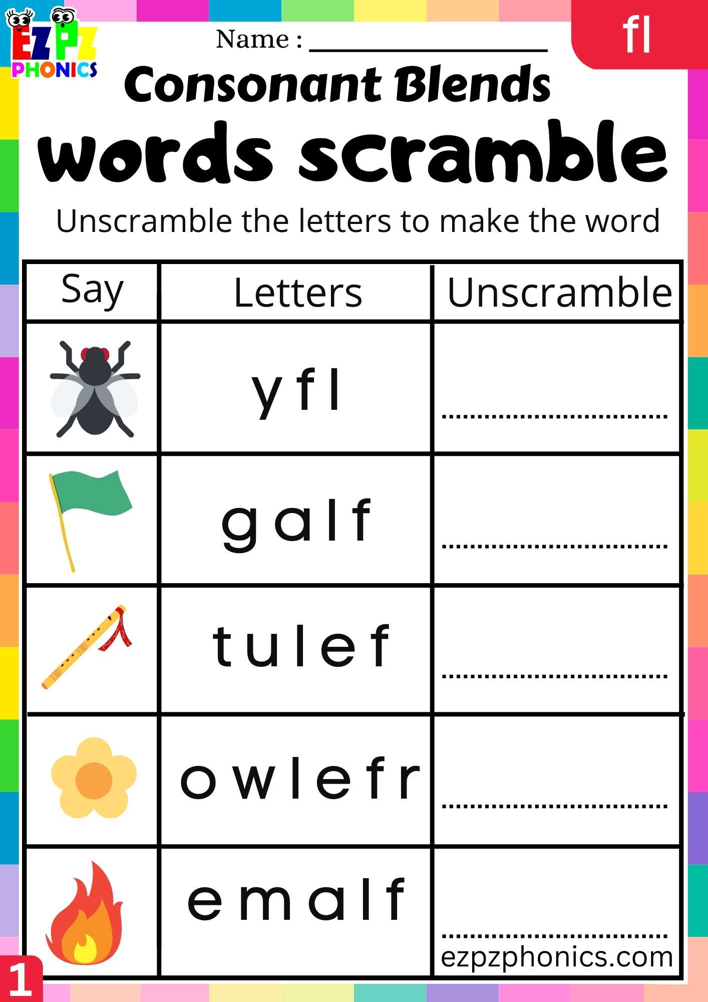 Group1 FL Words Words Scramble Phonics Consonant Blends Worksheet